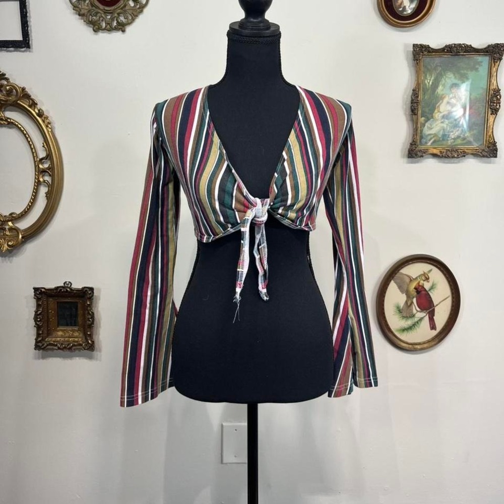 Vintage Y2K Striped Tie Front Crop Top Long Sleeve Retro Boho Top
